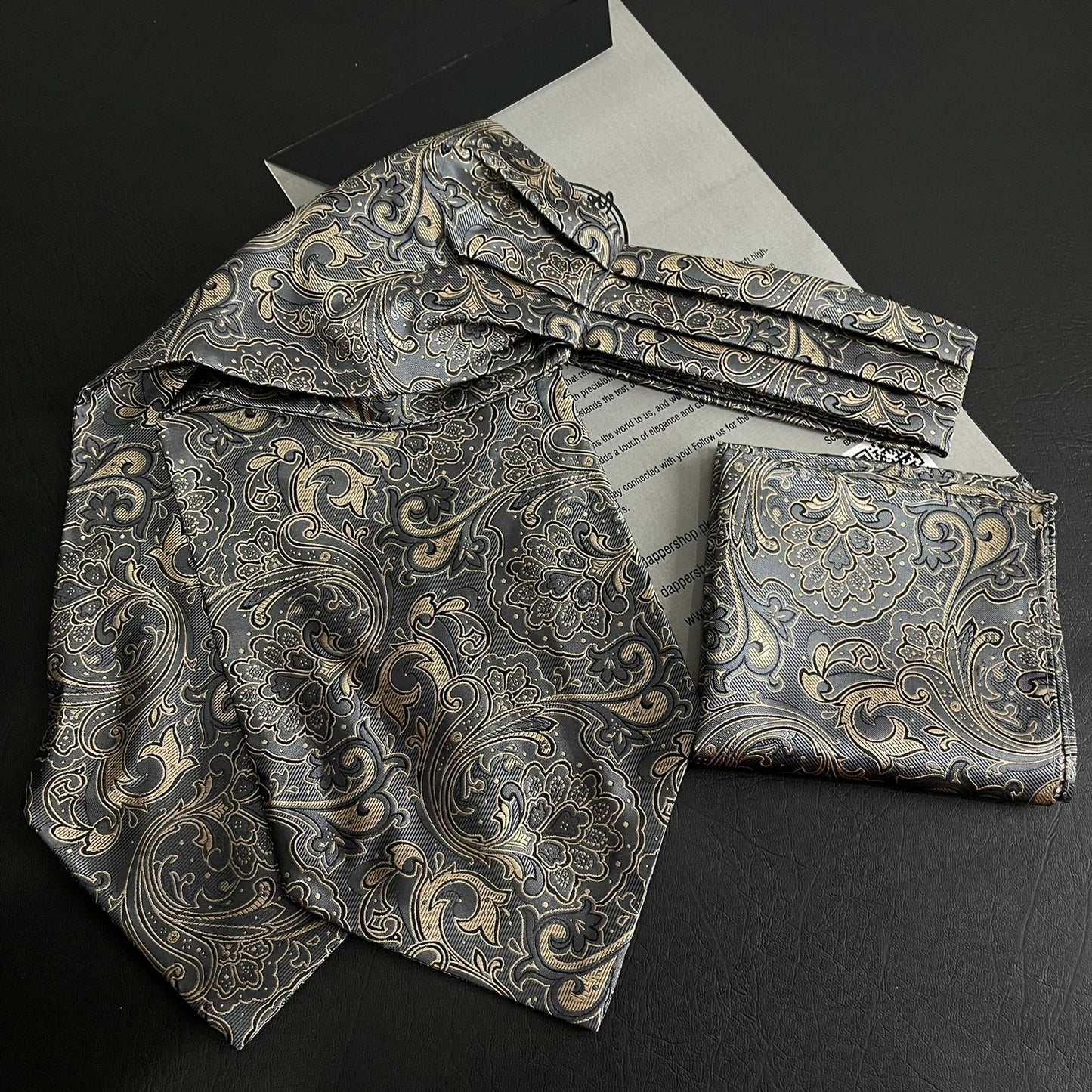 Grey Golden Paisley jacquard cravat ascot tie and pocket square set for men online in Pakistan