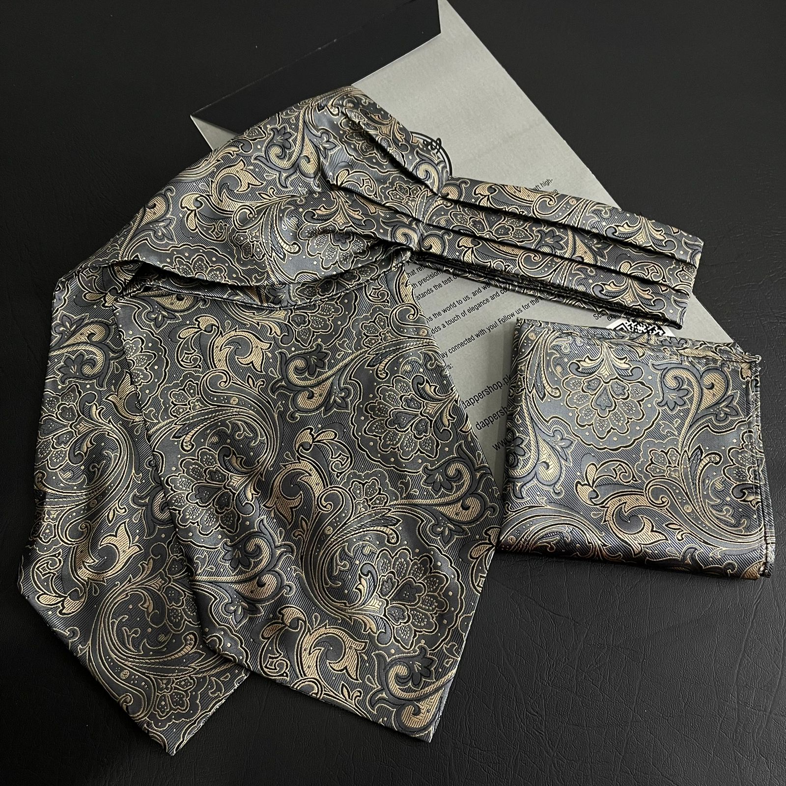 Grey Golden Paisley jacquard cravat ascot tie and pocket square set for men online in Pakistan