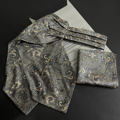 Grey Golden Paisley jacquard cravat ascot tie and pocket square set for men online in Pakistan