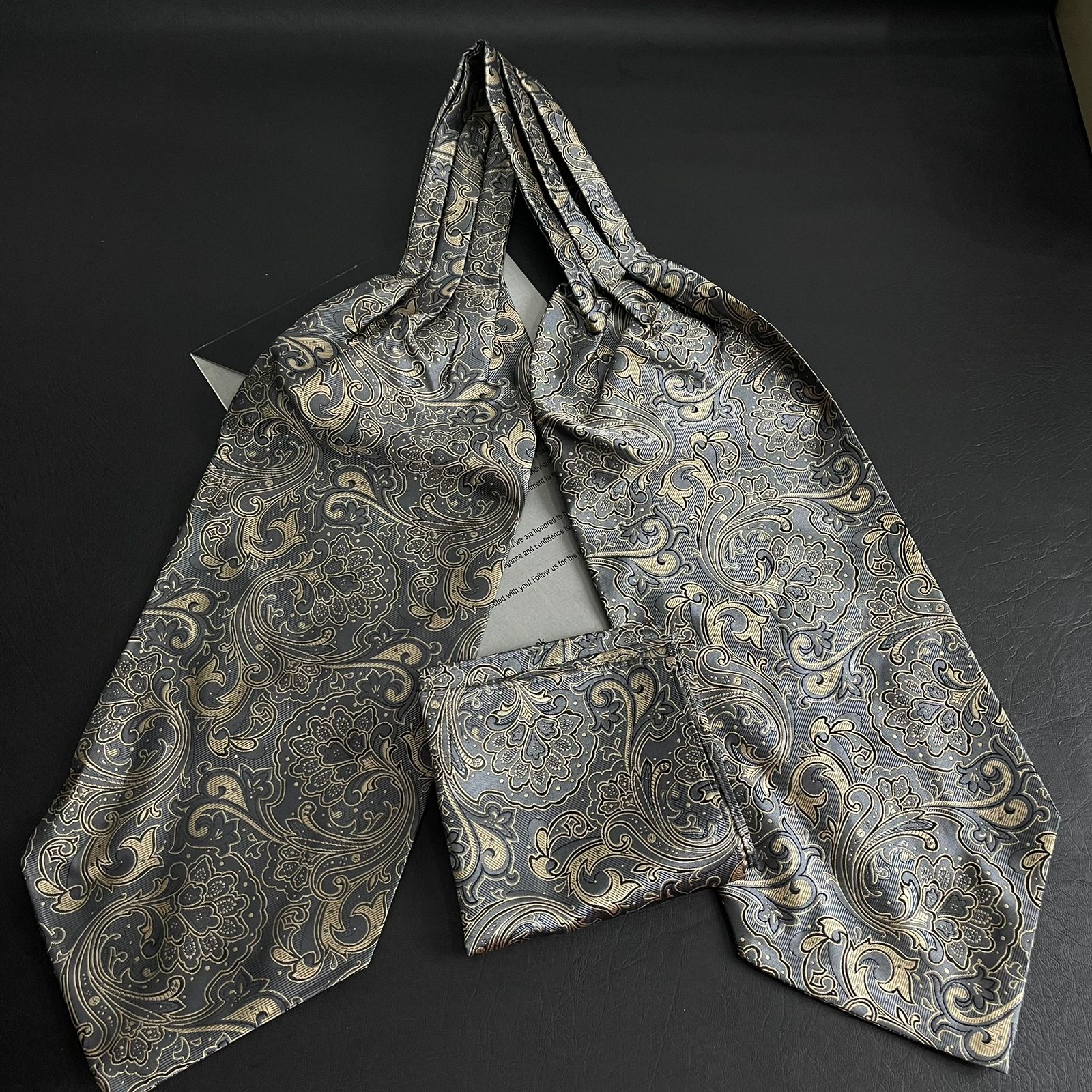 Grey Golden Paisley jacquard cravat ascot tie and pocket square set for men online in Pakistan