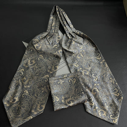 Grey Golden Paisley jacquard cravat ascot tie and pocket square set for men online in Pakistan