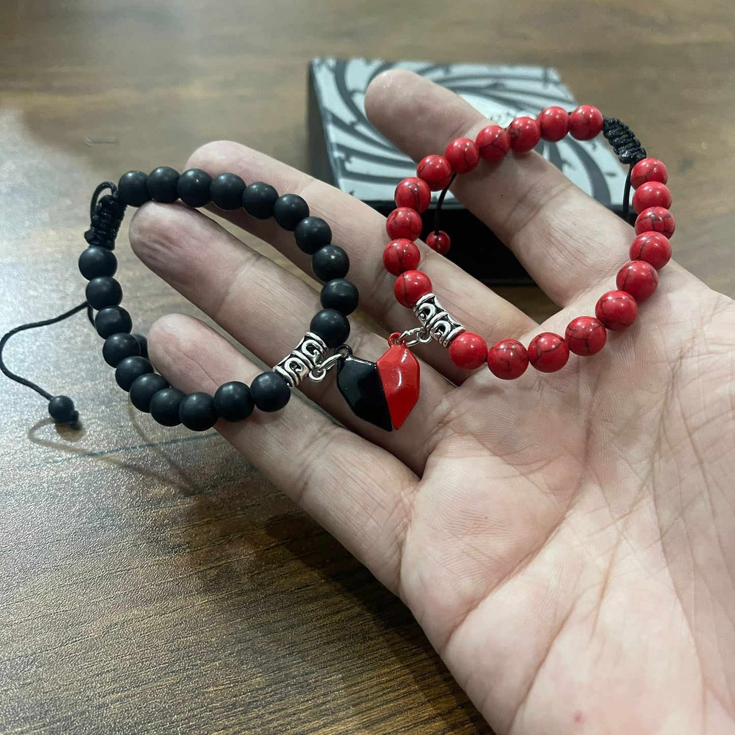 Red & Black Beads Heart Magnetic Distance Bracelet Set Couple Bracelet