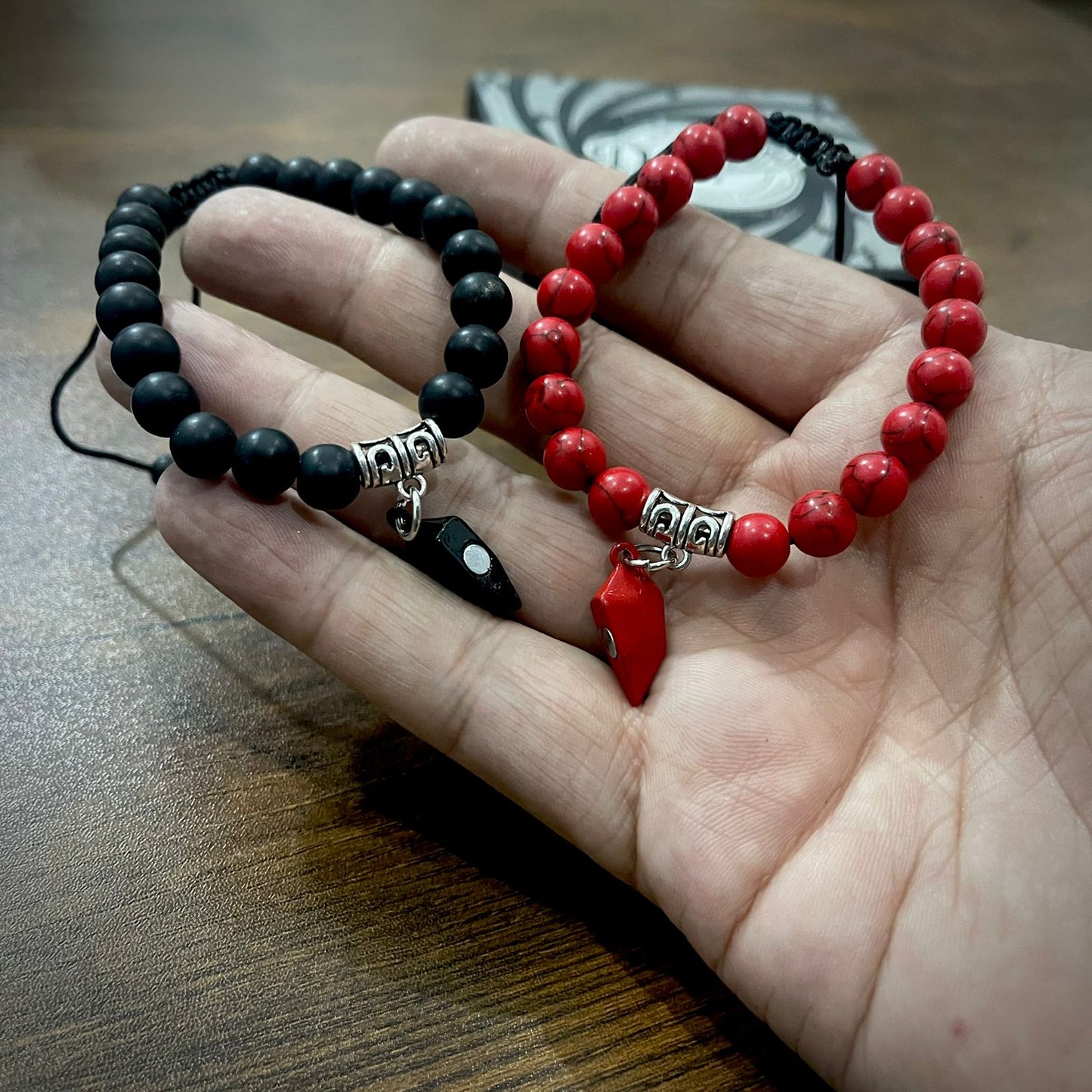 Red & Black Beads Heart Magnetic Distance Bracelet Set Couple Bracelet