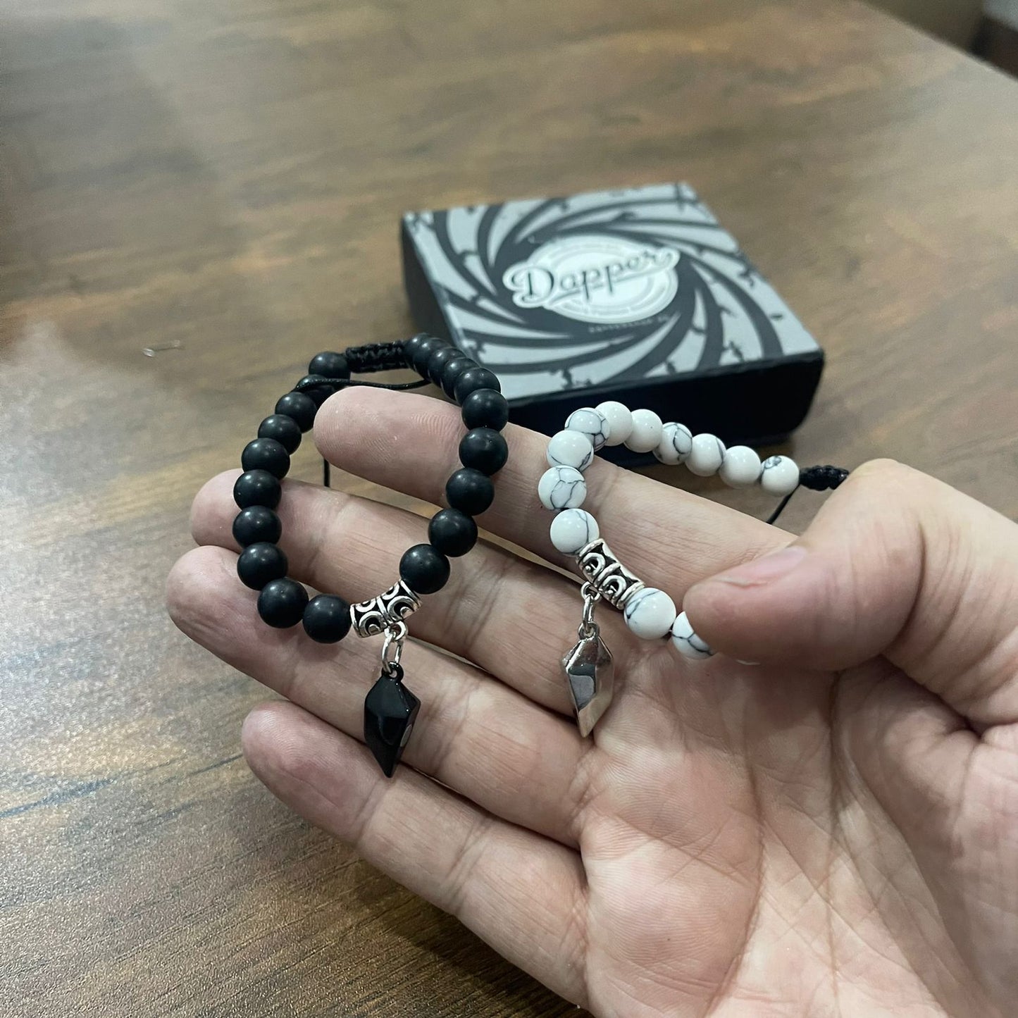 black and white stone beads magnetic heart distance couple bracelet online in pakistan