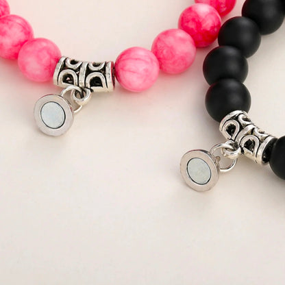 Black & Pink Beads Heart Magnetic Distance Bracelet Set Couple Bracelet