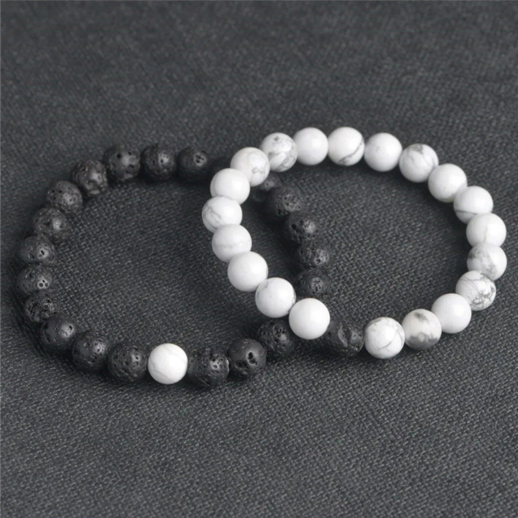 White Agate & Black Lava Energy Stone Beads Distance Bracelet Set Couple Bracelet