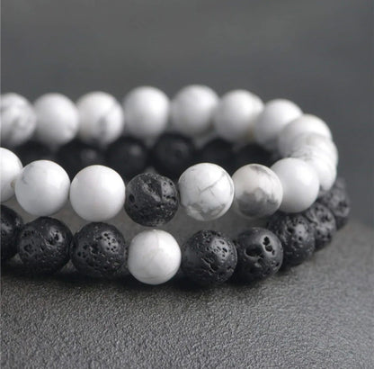 White Agate & Black Lava Energy Stone Beads Distance Bracelet Set Couple Bracelet