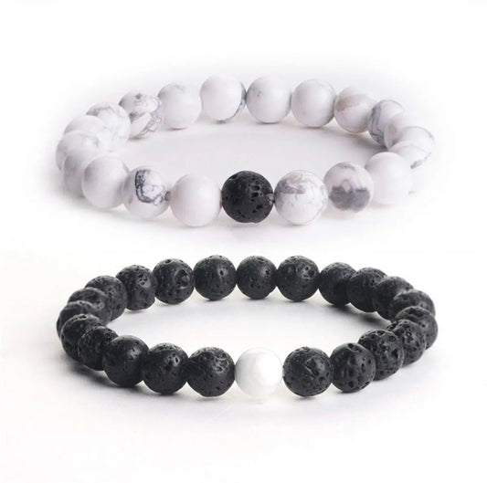 White Agate & Black Lava Energy Stone Beads Distance Bracelet Set Couple Bracelet