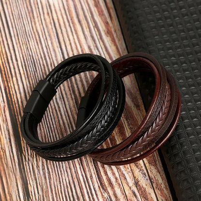 Urban Pioneer Black Leather Bracelet For Men