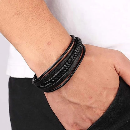 Urban Pioneer Black Leather Bracelet For Men