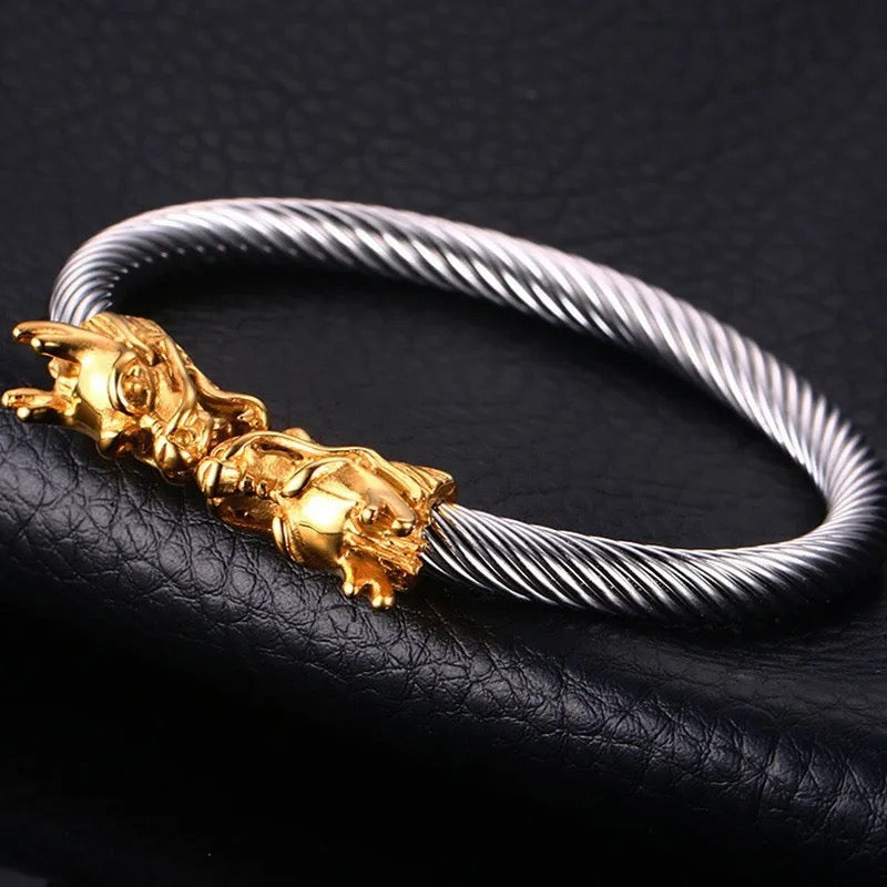 Alpha Dragon Golden Silver Steel Bracelet for Men