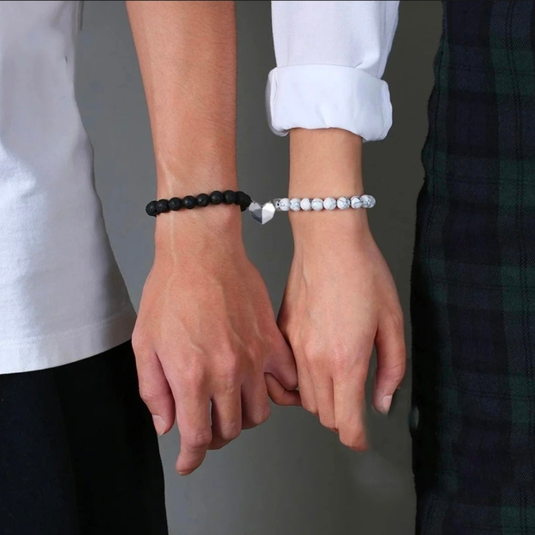 black and white stone beads magnetic heart distance couple bracelet online in pakistan