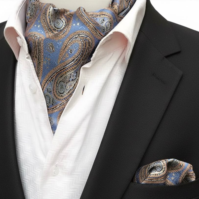 Imperial Paisley jacquard cravat ascot tie and pocket square set for men online in Pakistan