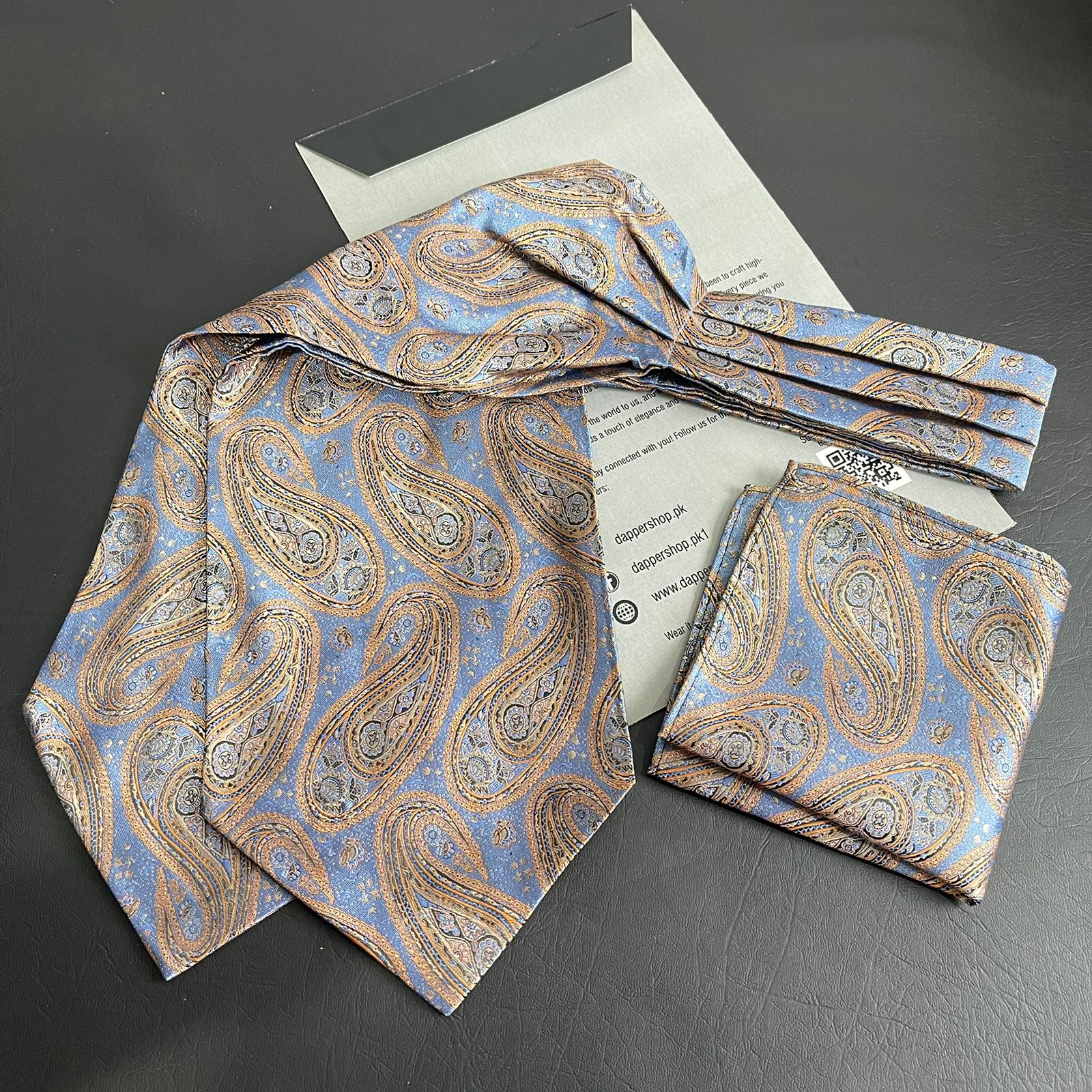 Imperial Paisley jacquard cravat ascot tie and pocket square set for men online in Pakistan