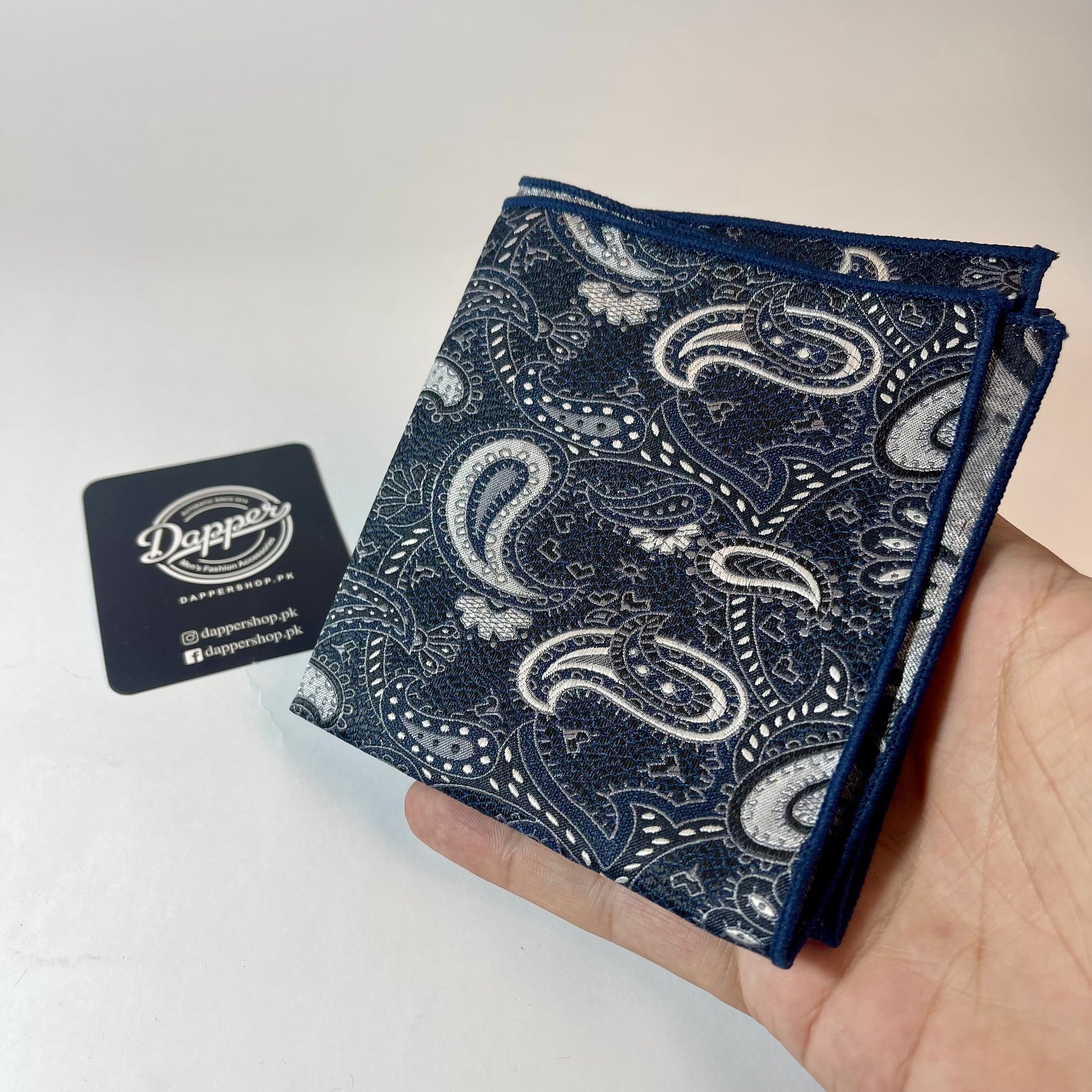 Navy Blue & Silver Paisley Pocket Square handkerchief online in pakistan