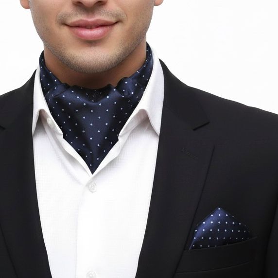 Navy Blue polka dots jacquard cravat ascot tie and pocket square set for men online in Pakistan