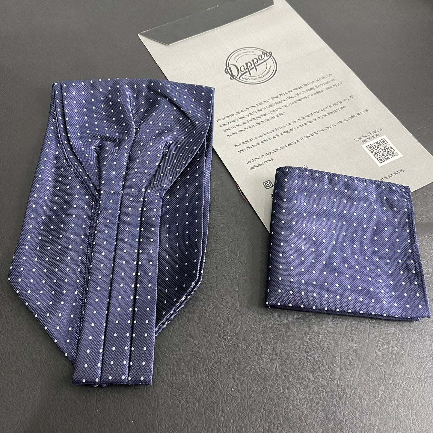 Navy Blue polka dots jacquard cravat ascot tie and pocket square set for men online in Pakistan