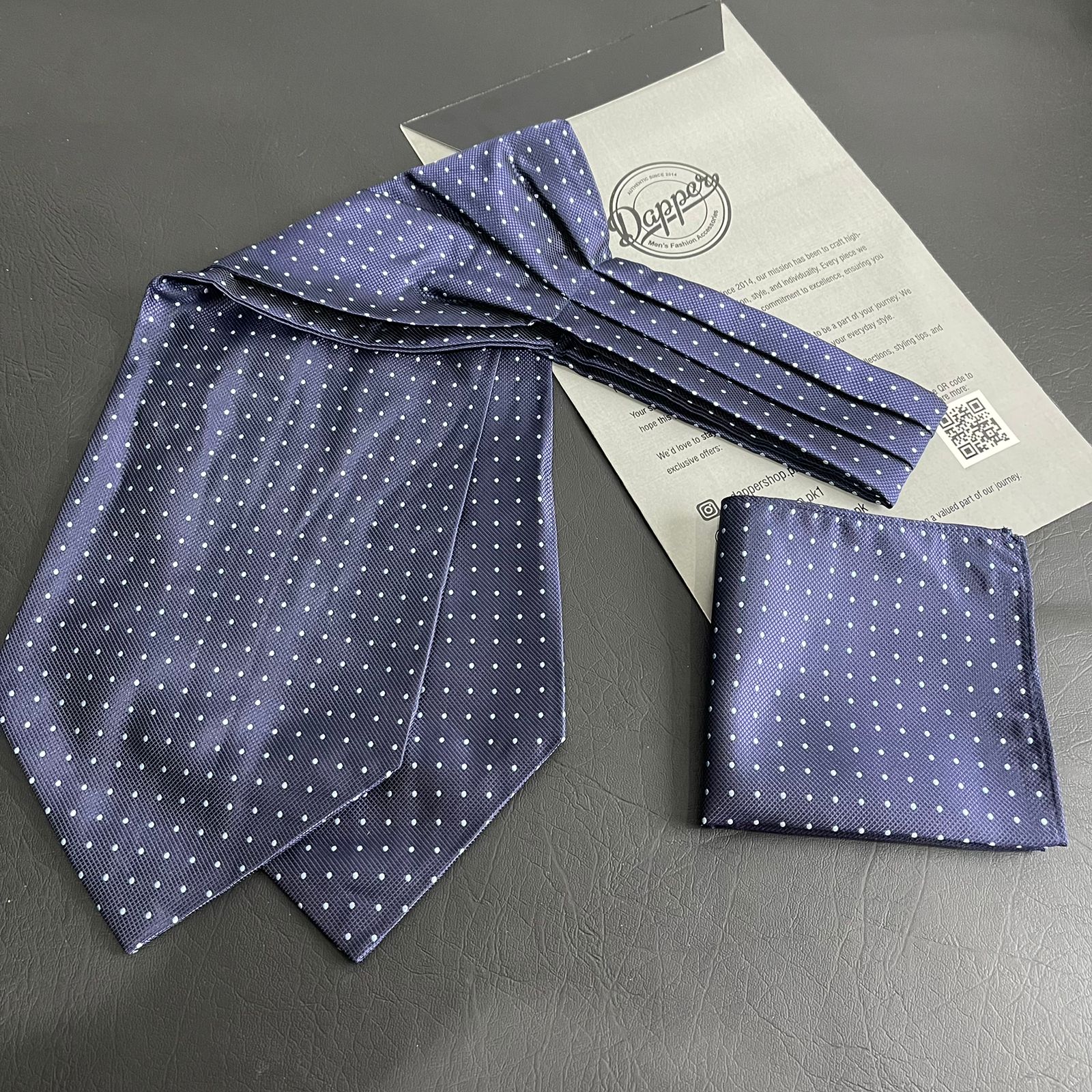 Navy Blue polka dots jacquard cravat ascot tie and pocket square set for men online in Pakistan