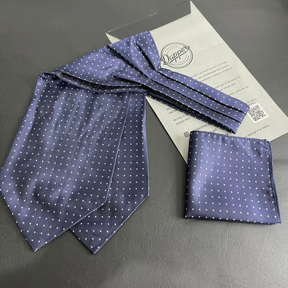 Navy Blue polka dots jacquard cravat ascot tie and pocket square set for men online in Pakistan