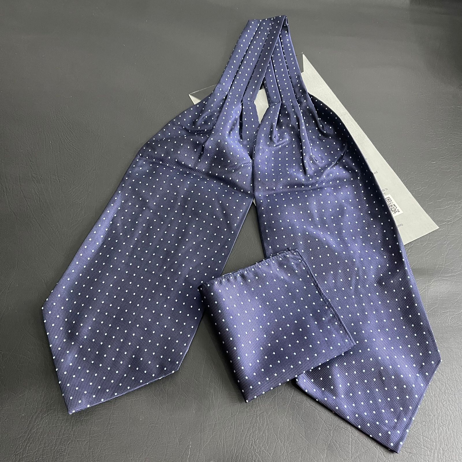 Navy Blue polka dots jacquard cravat ascot tie and pocket square set for men online in Pakistan