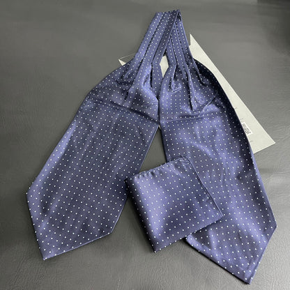 Navy Blue polka dots jacquard cravat ascot tie and pocket square set for men online in Pakistan