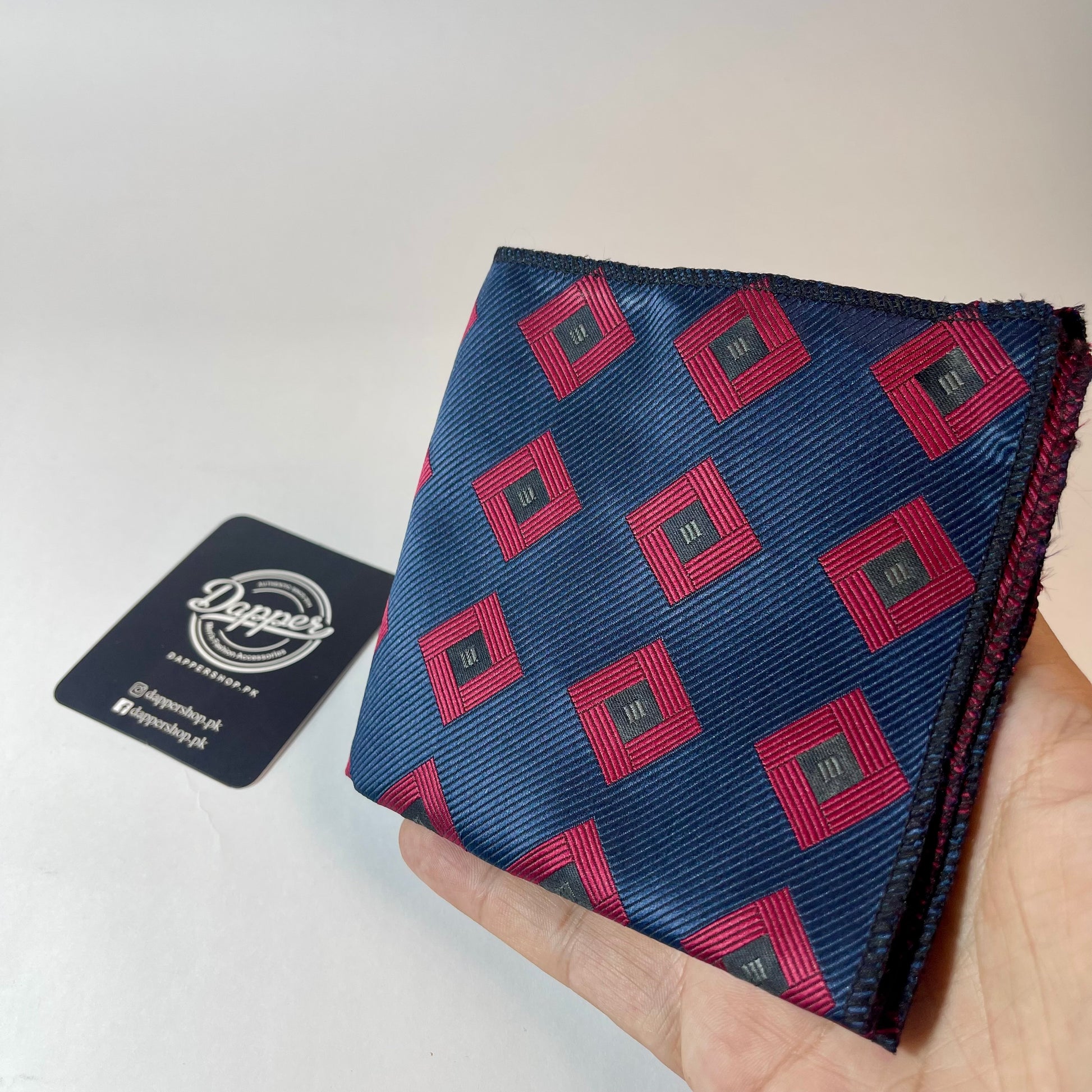 Navy blue and red geometric pattern pocket square handkerchief online in Pakistan 