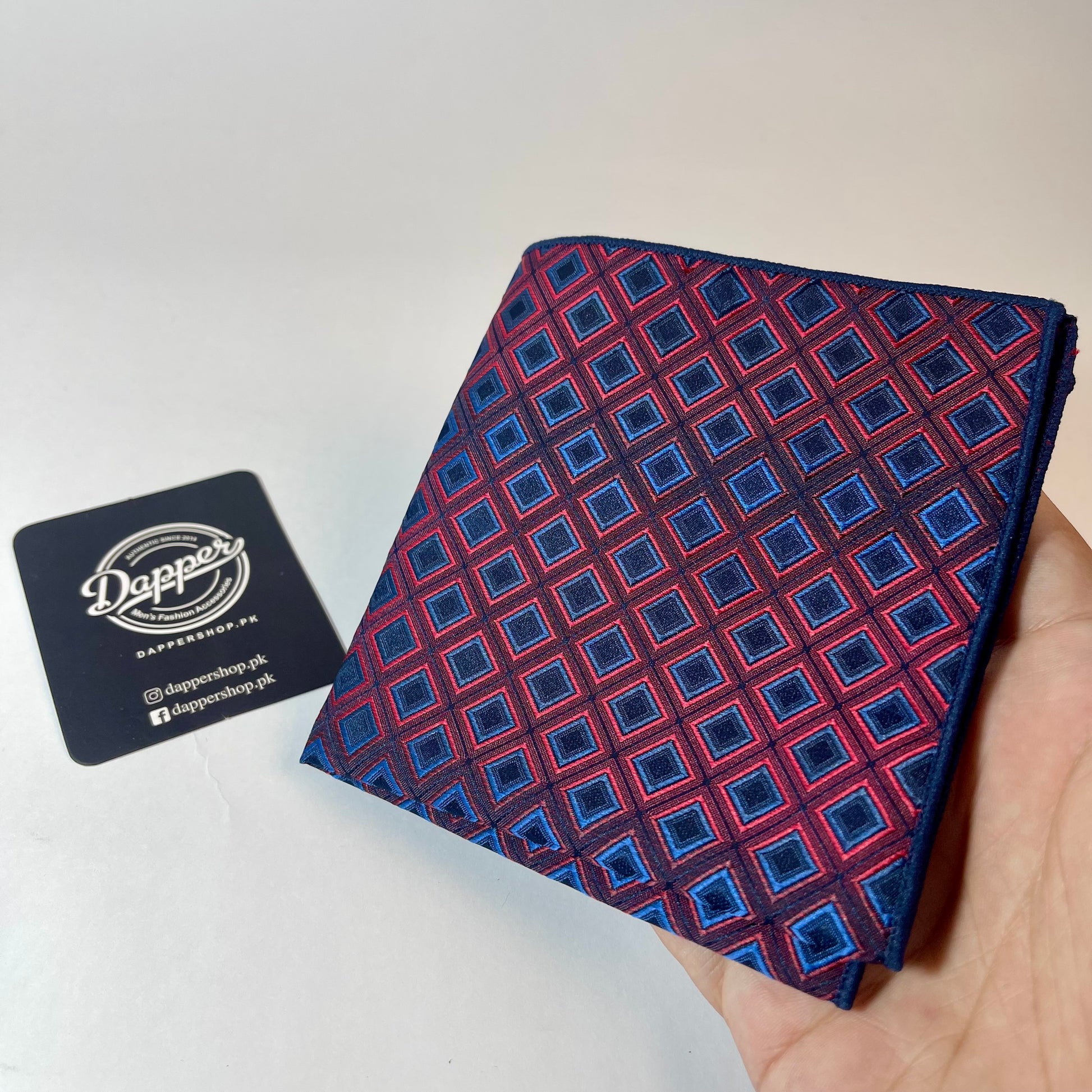 Navy blue and red square pattern pocket square handkerchief online in Pakistan