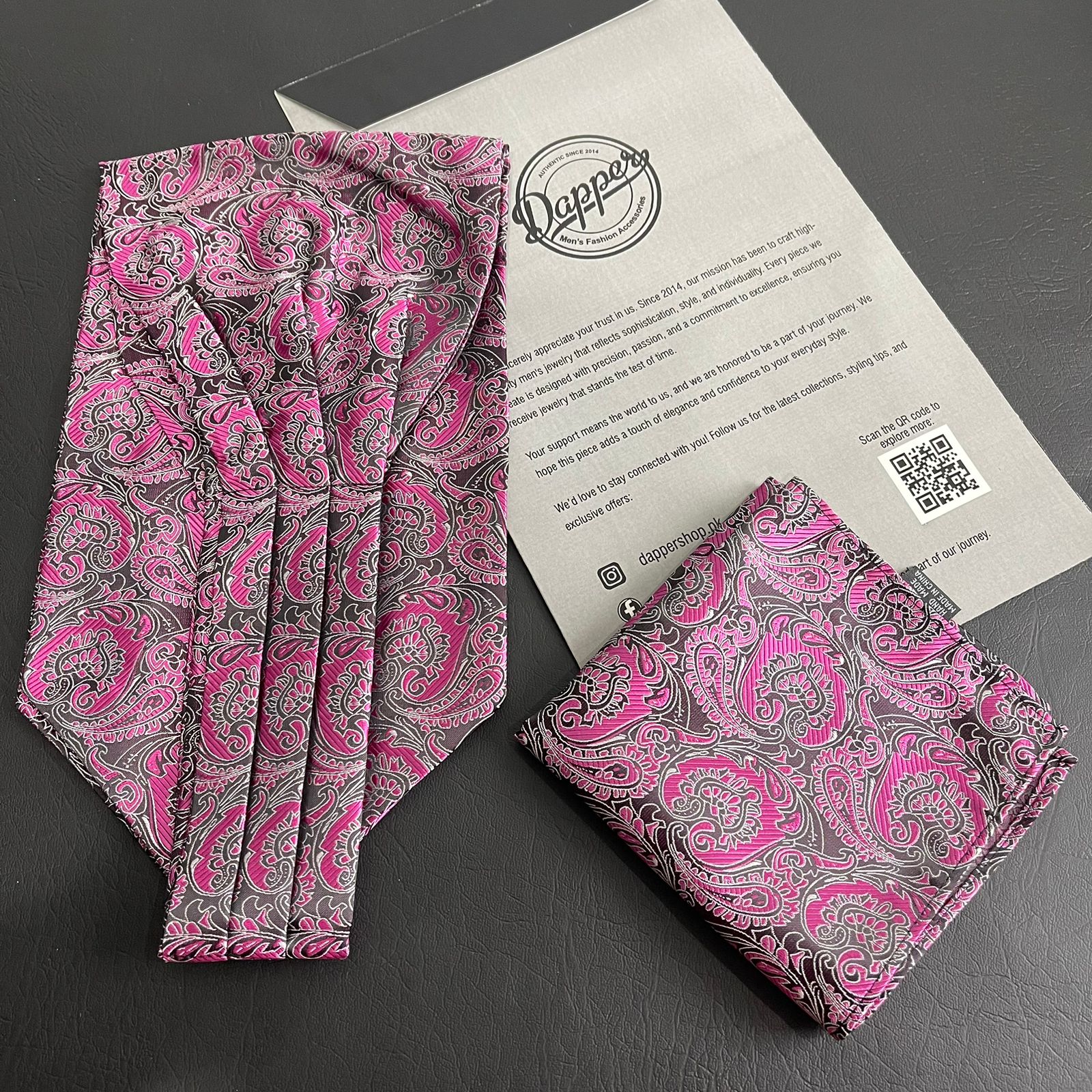 Pink Paisley jacquard cravat ascot tie and pocket square set for men online in Pakistan