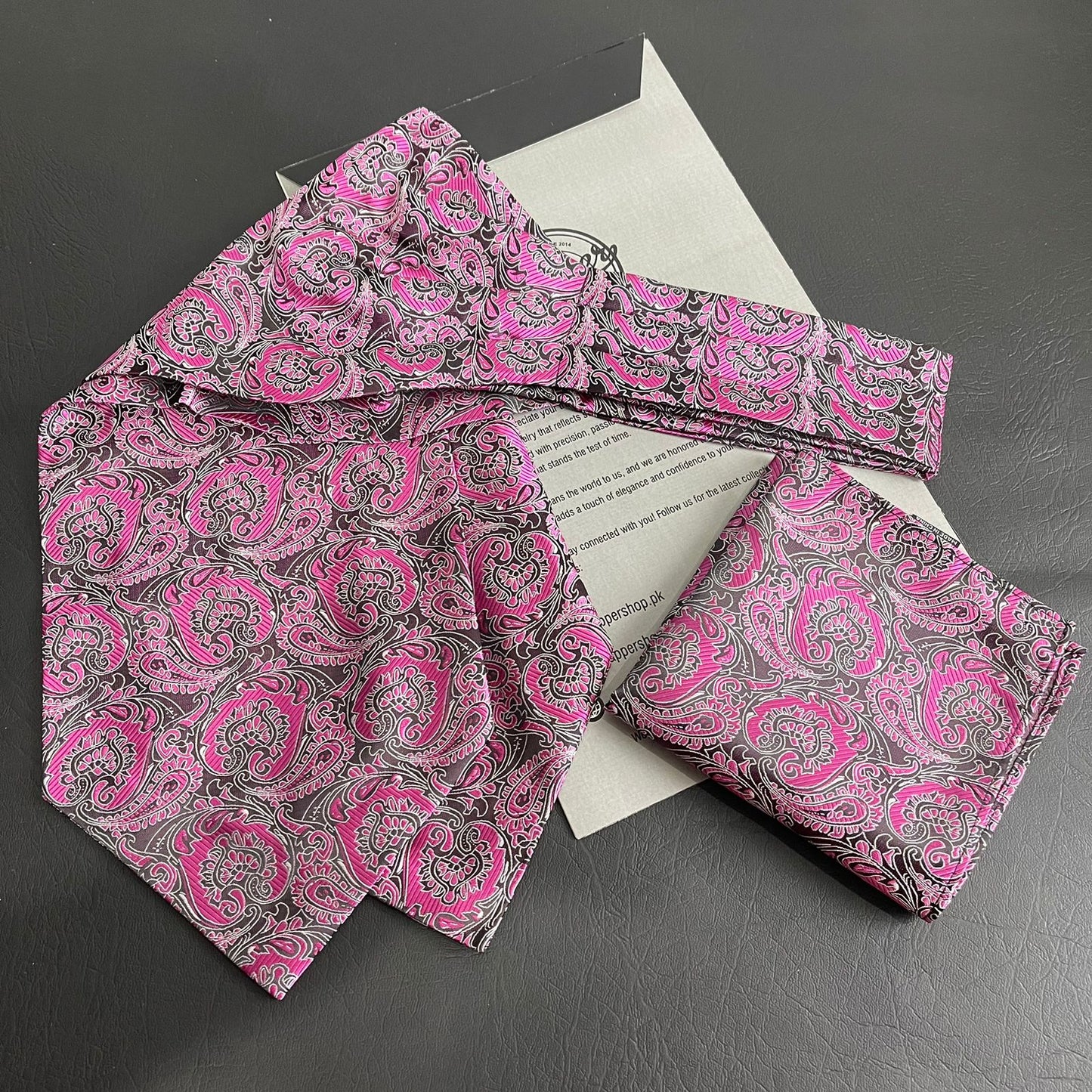 Pink Paisley jacquard cravat ascot tie and pocket square set for men online in Pakistan