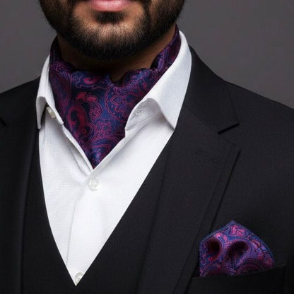 Pink and Blue Paisley Ascot Tie, cravat tie and pocket square for men online in Pakistan