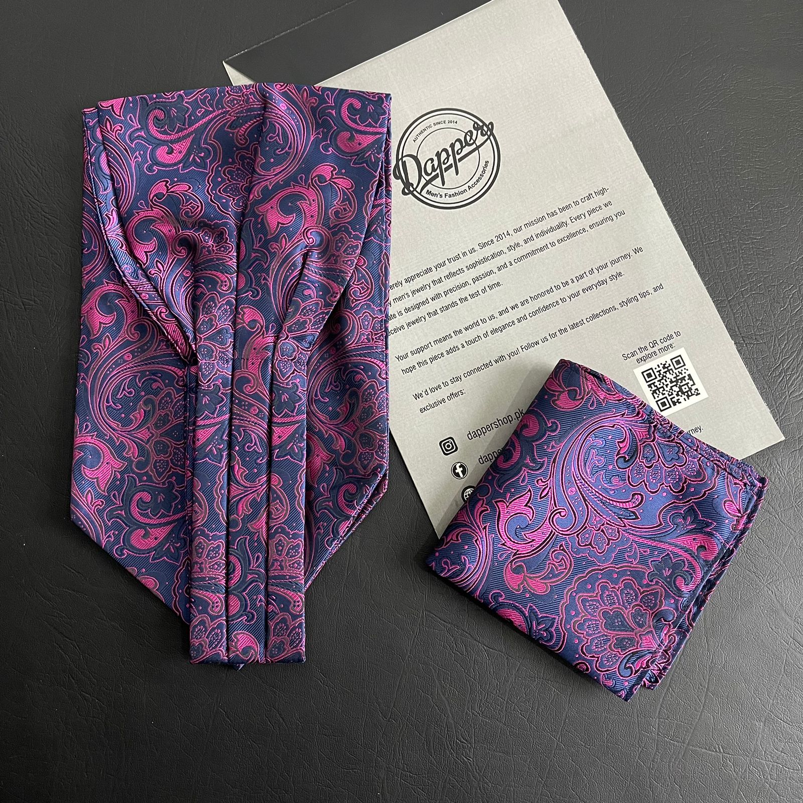 Pink and Blue Paisley Ascot Tie, cravat tie and pocket square for men online in Pakistan