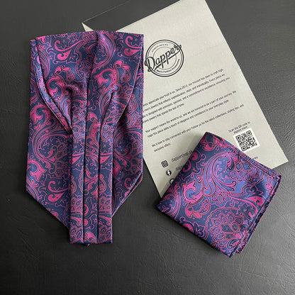 Pink and Blue Paisley Ascot Tie, cravat tie and pocket square for men online in Pakistan