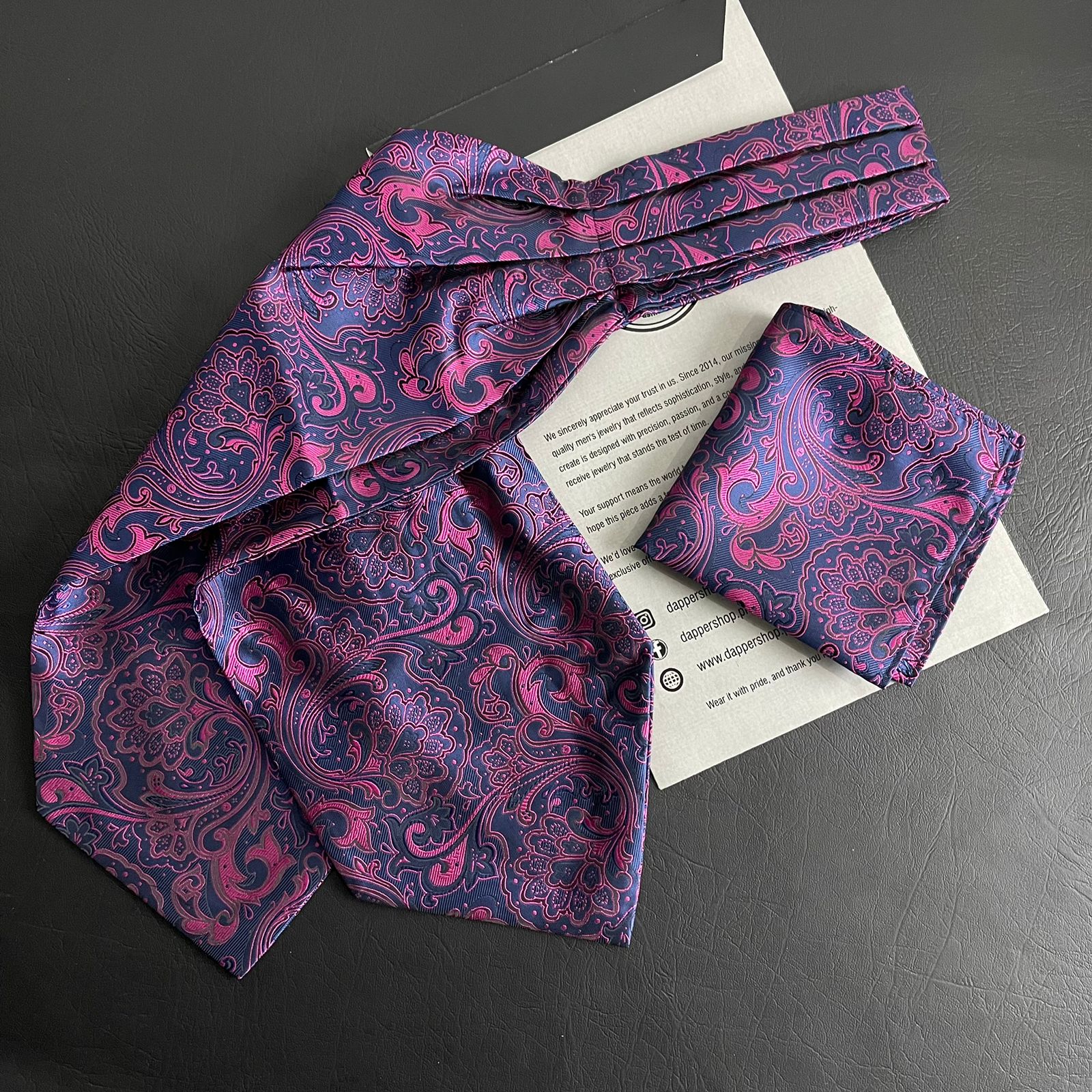Pink and Blue Paisley Ascot Tie, cravat tie and pocket square for men online in Pakistan