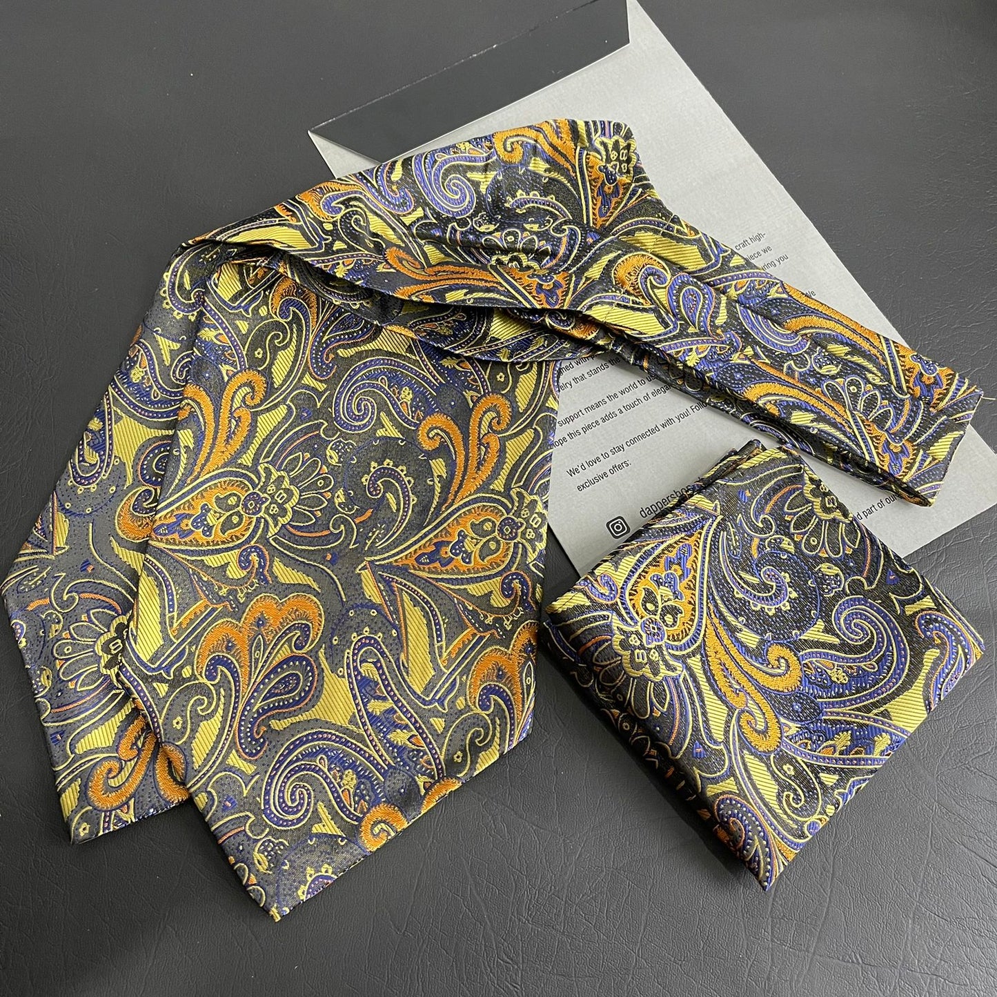 Royal Swirl Paisley jacquard cravat ascot tie and pocket square set for men online in Pakistan
