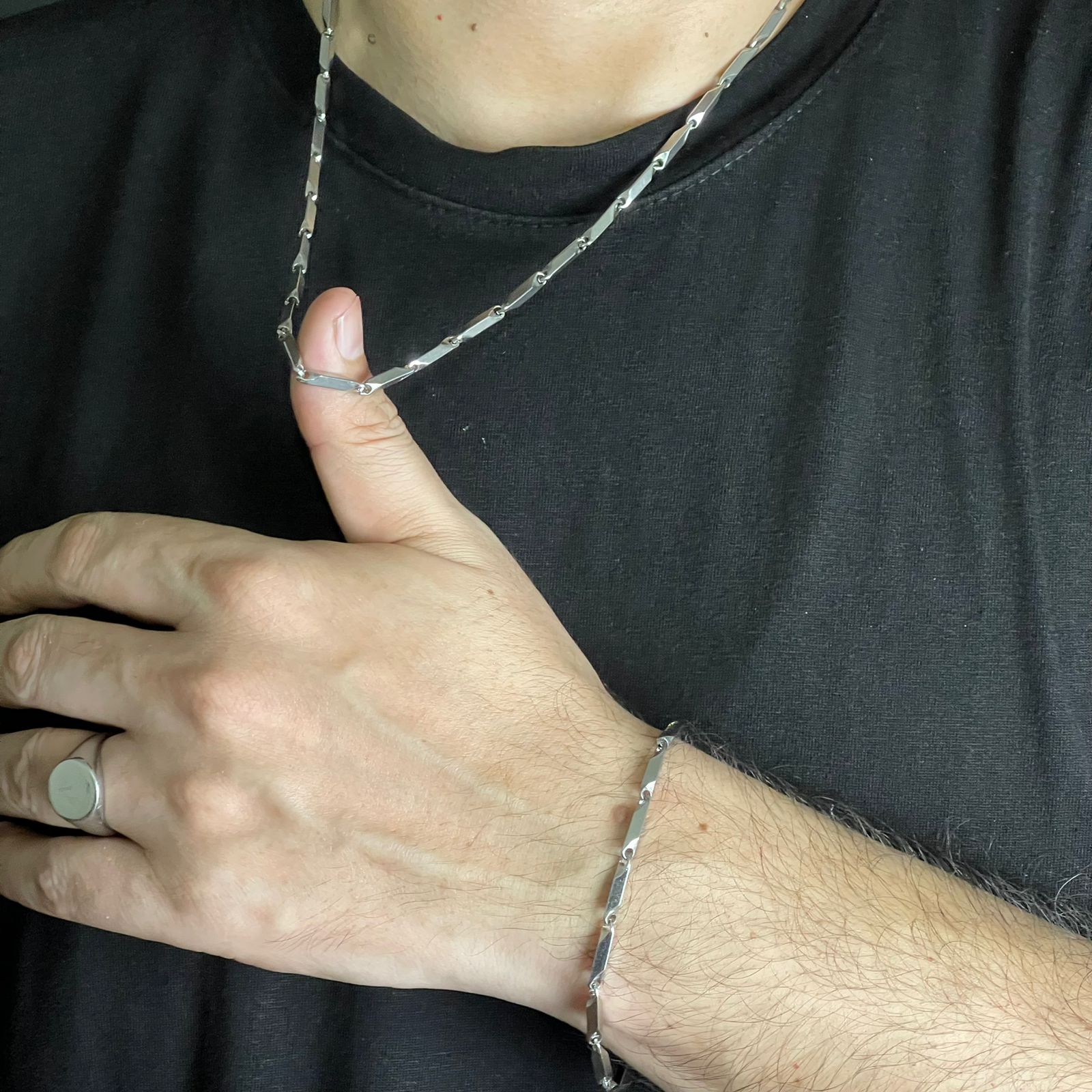 Silver steel neck chain and bracelet set for men online in Pakistan