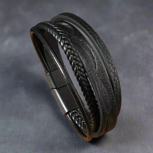 Black Layered Leaf Leather Bracelets For Men
