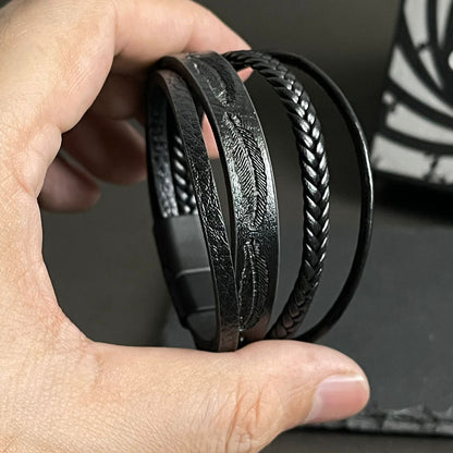 Black Layered Leaf Leather Bracelets For Men
