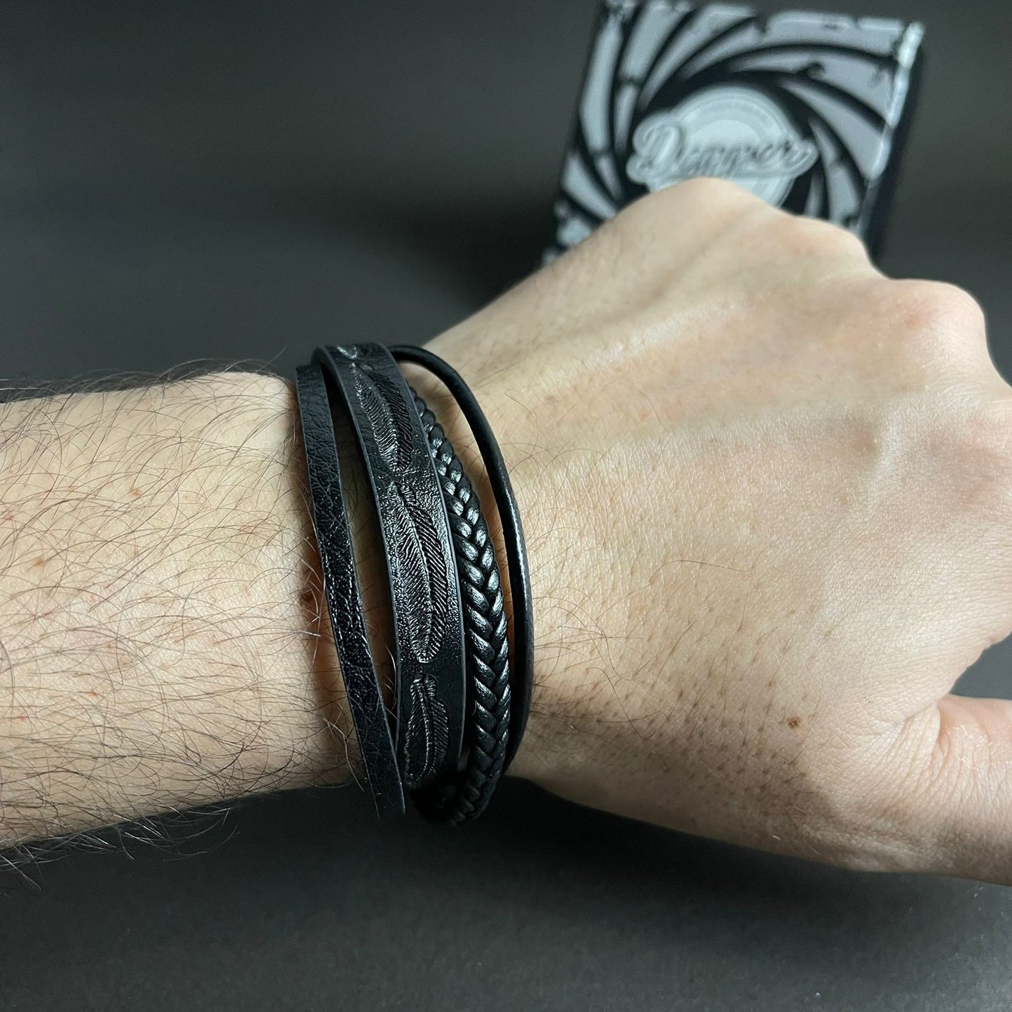 Black Layered Leaf Leather Bracelets For Men