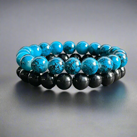 10mm Blue Agate & Black Distance Bracelet