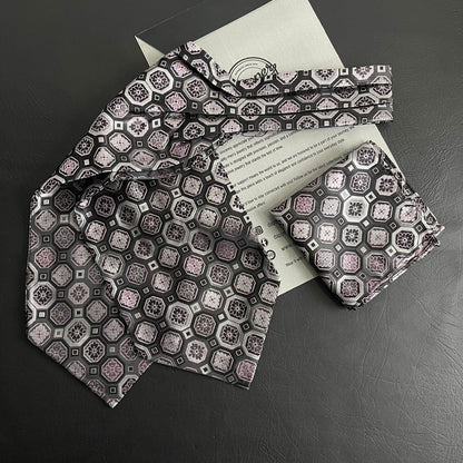 Prism Cut Pink Jacquard Woven Cravat Tie and Pocket Square Set