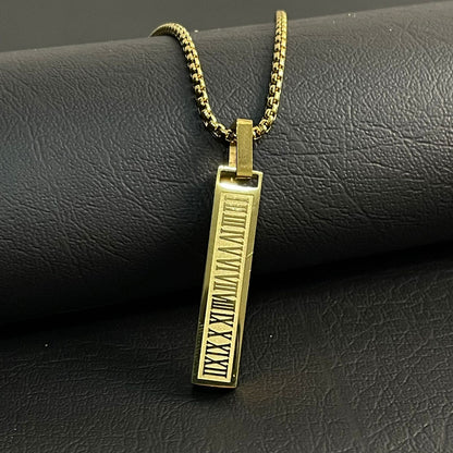 Roman Numeral Golden Flat Bar Pendant For Men