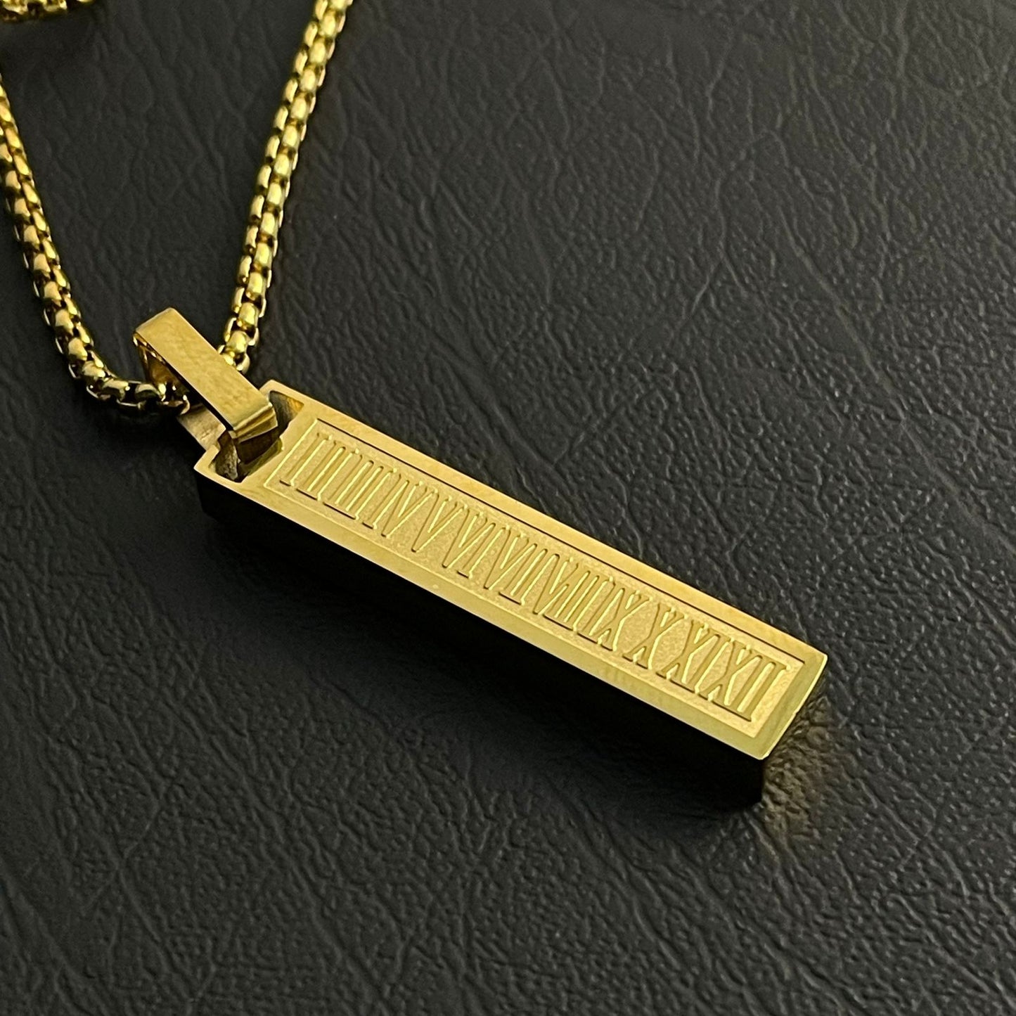 Roman Numeral Golden Flat Bar Pendant For Men