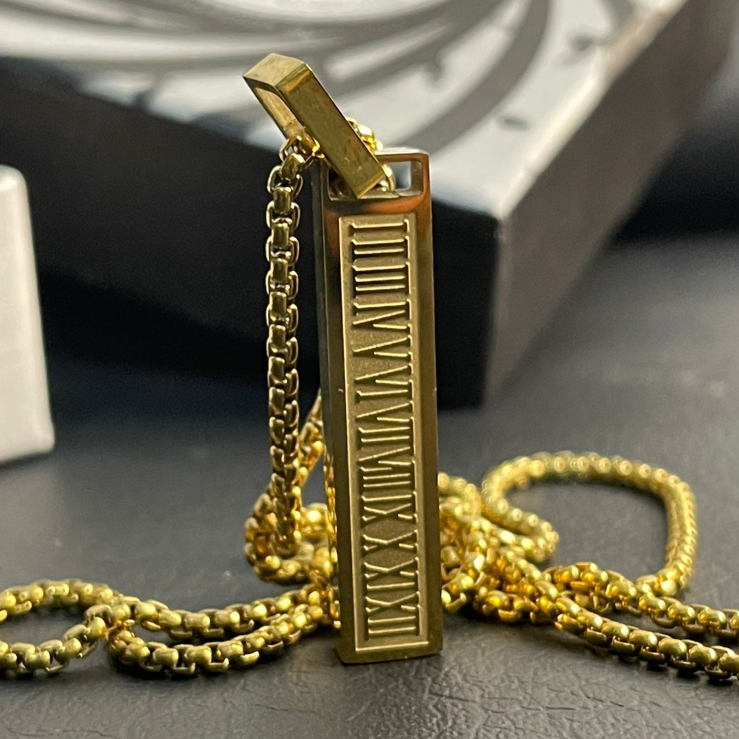 Roman Numeral Golden Flat Bar Pendant For Men