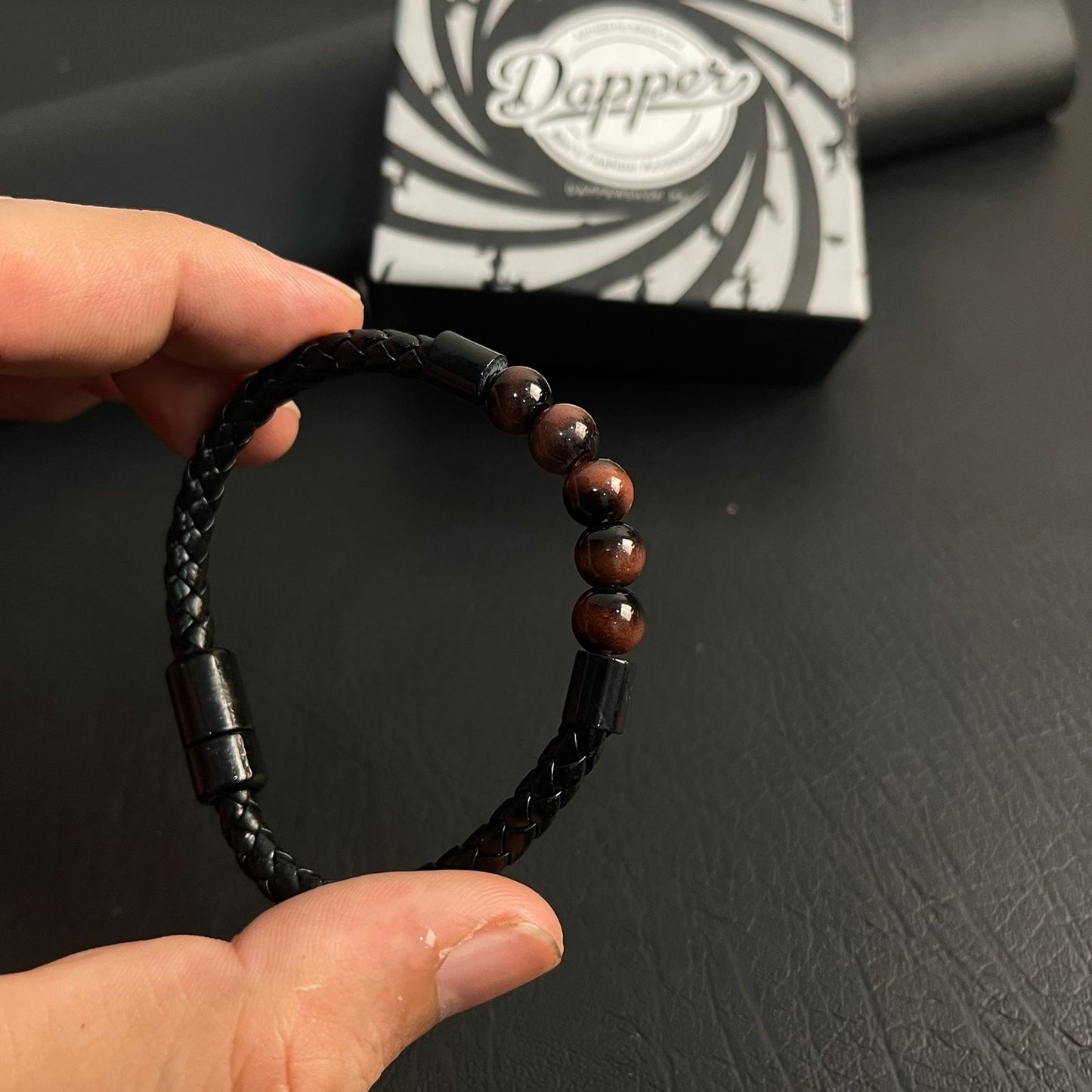 Sleek Tiger Eye Beads Leather Bracelets For Men