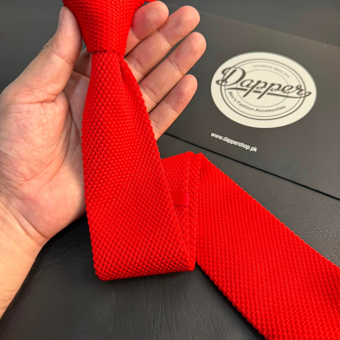 Premium Crimson Red Pointed Knitted Tie For Men (Bright Red)