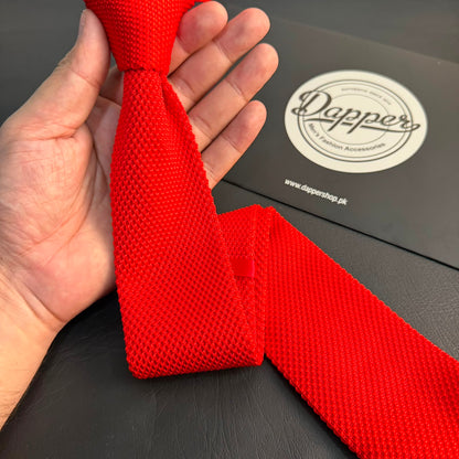 Premium Crimson Red Pointed Knitted Tie For Men (Bright Red)