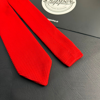 Premium Crimson Red Pointed Knitted Tie For Men (Bright Red)