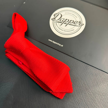 Premium Crimson Red Pointed Knitted Tie For Men (Bright Red)