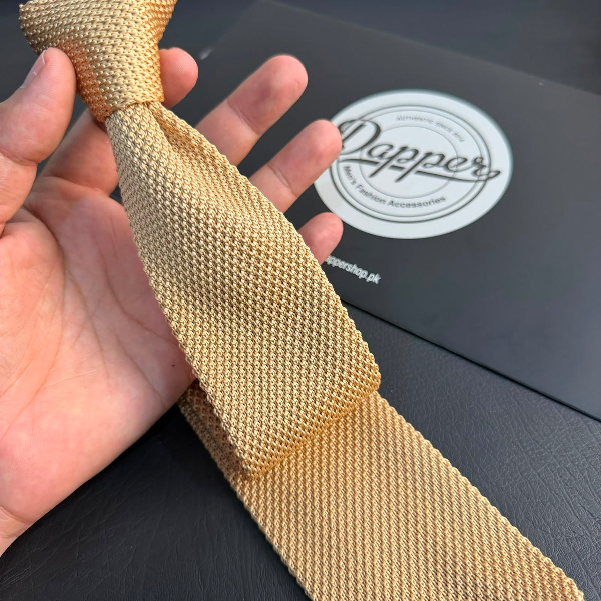 Premium Beige Tan Pointed Knitted Tie For Men (Light Camel)
