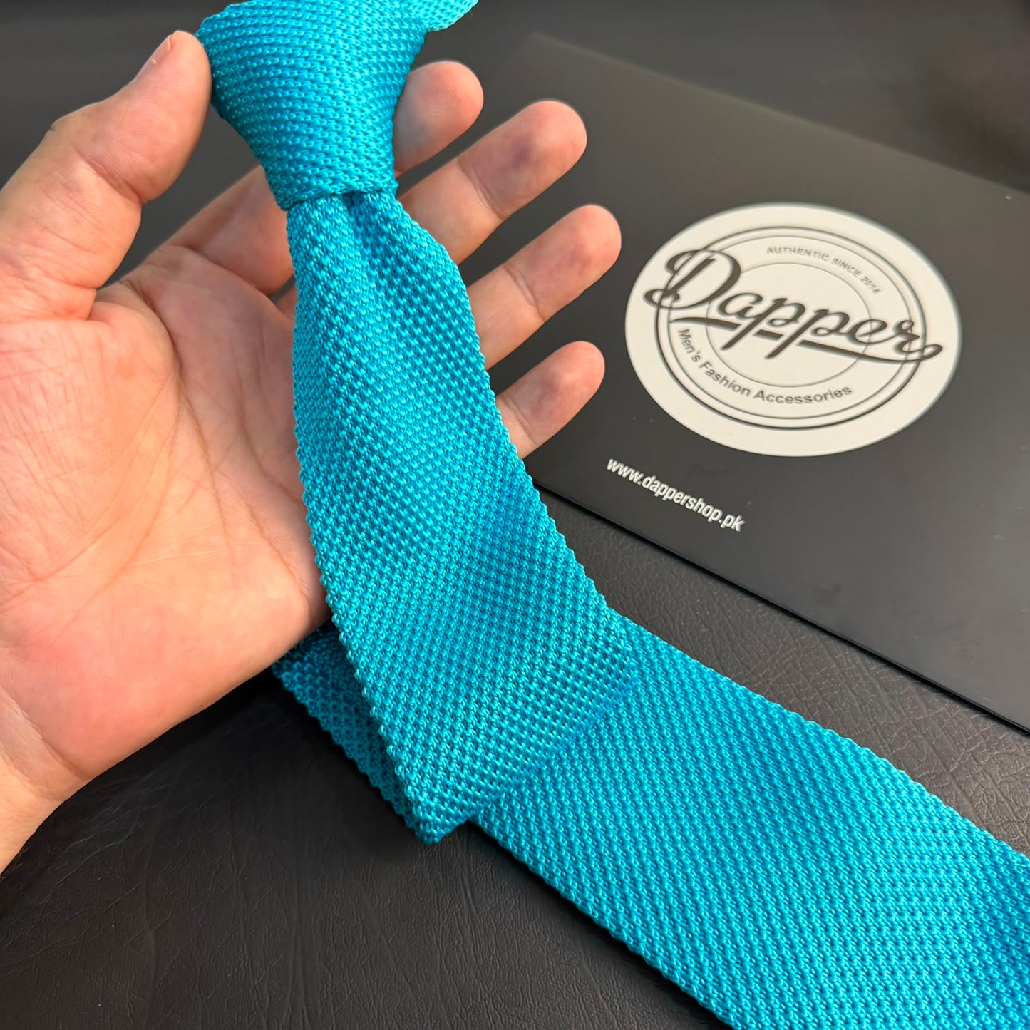 Premium Cyan Pointed Knitted Tie For Men (Bright Light Blue)